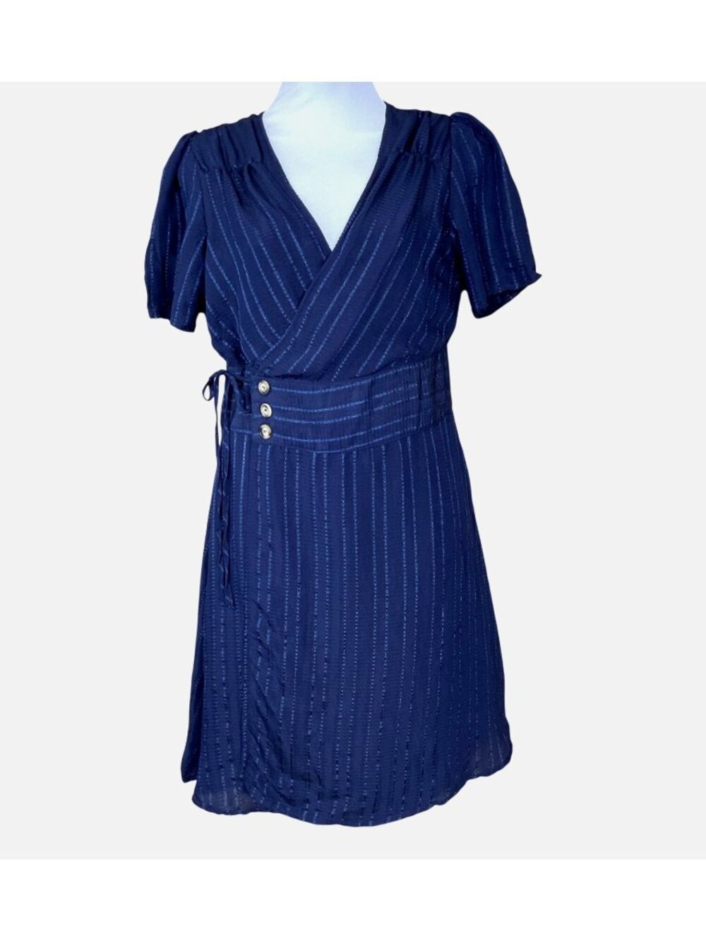Bohme Navy Wrap Style Short Sleeve Pinstripe Detail Dress Decorative Buttons S